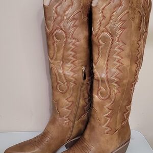 Over-the-Knee Western Boots in Tan with Embroidered Detail